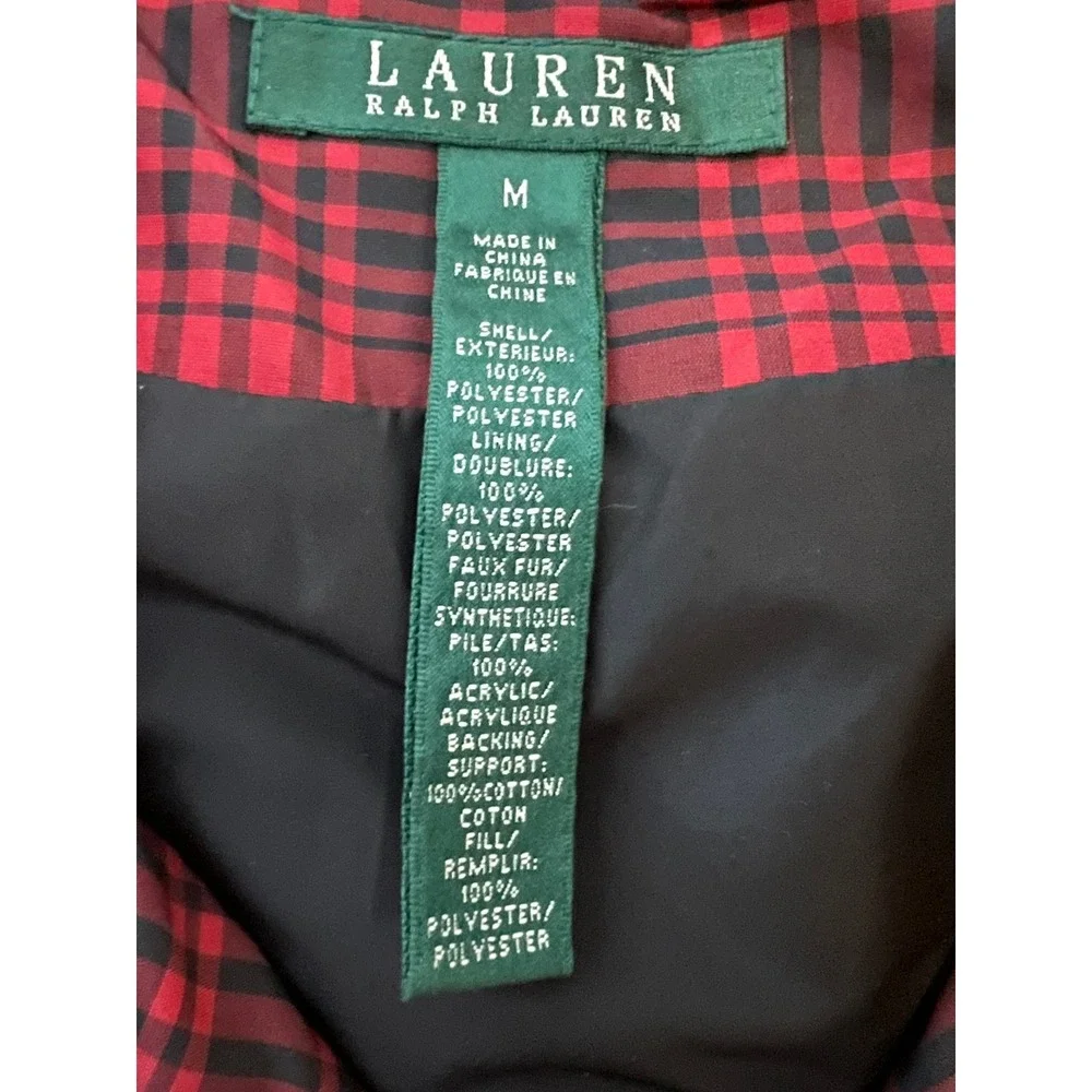 Lauren Ralph Lauren Red Black Plaid Puffer Vest Womens Medium Quilted Full Zip